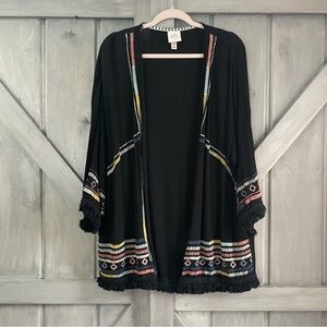 Knox Rose Black Colorful Embroidered Boho Flowy Cardigan gauzy western Aztec M